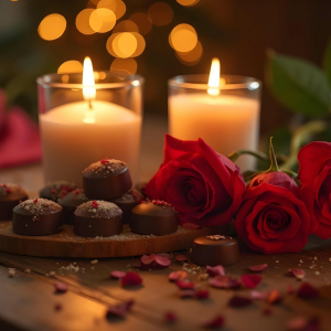 Deux bougies allumées, roses et chocolats pour une ambiance cocooning romantique en institut - l’Oasis des soins à Concarneau